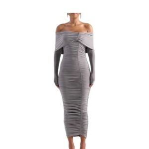 Naked Wardrobe Long Sleeve Off-Shoulder Gray Ruched Dress